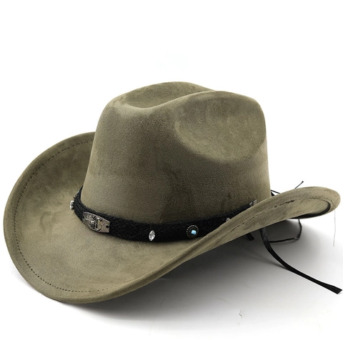 Chapeau De Cowboy Western Daim Large Bord Style Ethnique Avec Bande Tressée Charms Métalliques Perles Turquoise Unisexe