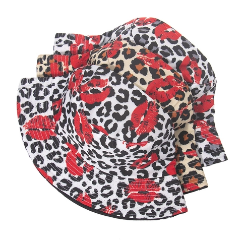 Leopard Print Lip Print Bucket Hat Polyester Sunshade Travel Streetwear Fashion For Women Men Double Sided Wearable