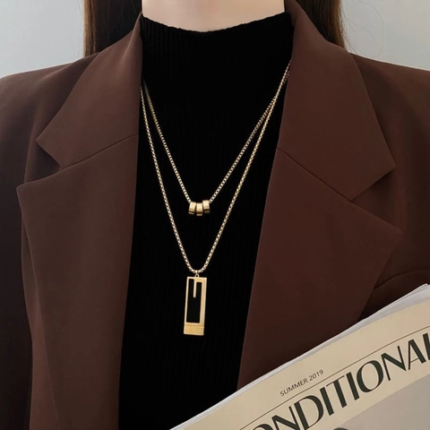 Collana Doppio Strato Acciaio Titanio Ciondolo Cavo Rettangolare Geometrico Perle Cilindriche Gioielli Minimalisti Donna