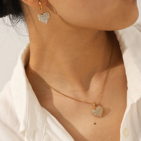 Collar Con Colgante De Corazón Y Pendientes De Gota De Corazón Acero Inoxidable Diamantes Imitación Joyería Elegante