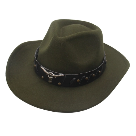 Western Cowboy Hat Vintage Felt Fedora With Metallic Bull Head And Rivet Band Wide Brim Ethnic Style Men Women