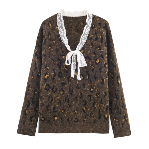 Jersey De Punto De Leopardo Para Mujer Cuello En V Borde De Encaje Blanco Lazo Manga Larga Elegante Vintage