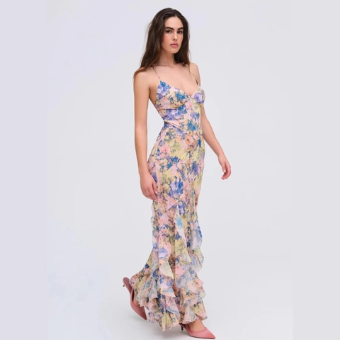 Abito Lungo Floreale Donna Chiffon Di Poliestere Spalline Sottili Scollo A V Orlo Con Volant Schiena Scoperta Vacanza Sexy Estate
