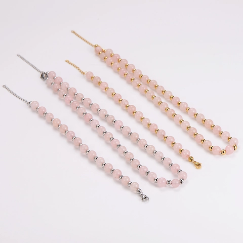 Collana E Bracciale Con Perline Di Quarzo Rosa Acciaio Inossidabile 304 Gioielli Con Perline Di Pietra Rotonda Per Donna