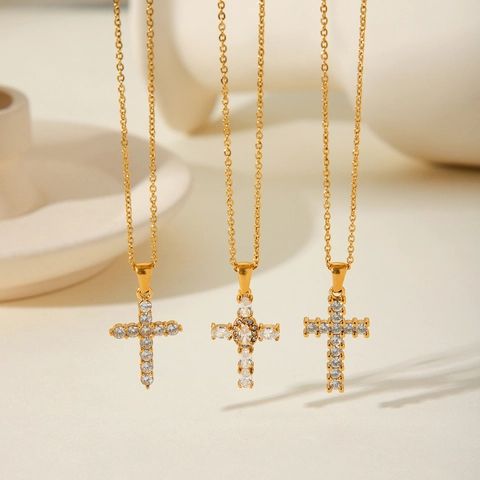 Collana Con Pendente A Croce In Acciaio Inossidabile Zircone Placcato Oro Gioielli Moda Eleganti Da Donna