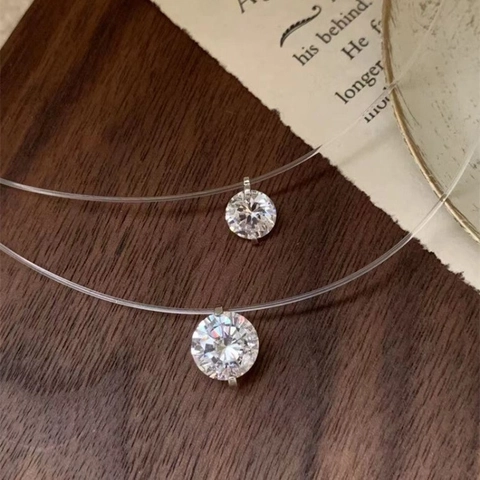 Collana Invisibile In Filo Da Pesca Con Ciondolo Rotondo In Zirconia Rame Minimalista Catena Da Clavicola Donna