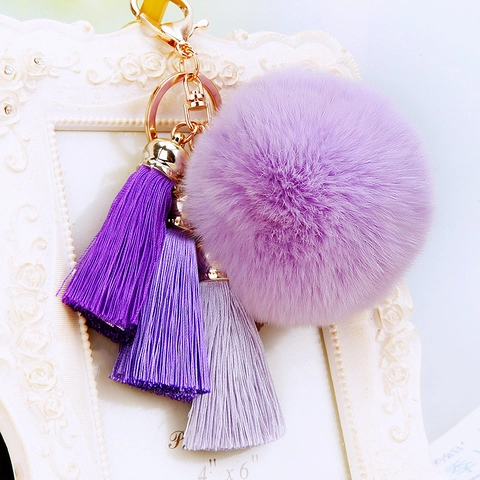 Faux Fur Pompom Keychain Satin Tassel Bag Charm Gradient Color Soft Plush Key Ring Women Car Pendant Gift