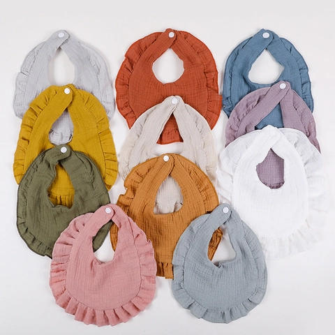 Baby Bibs 100% Cotton Muslin Ruffled Saliva Towel Soft Absorbent Snap Button Infants Toddlers Feeding Burp Cloth