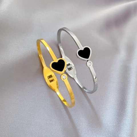 Bracciale Rigido In Acciaio Inossidabile Con Cuore In Smalto Nero E Zirconia Gioielli Di Moda Retro Minimalisti Donna