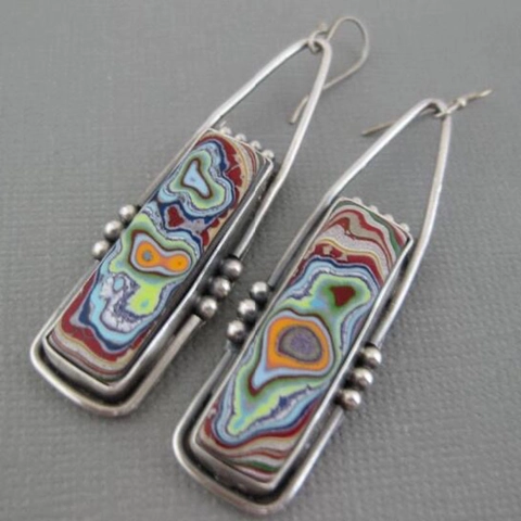 Vintage Geometric Dangle Earrings Colorful Fordite Style Marble Pattern Metal Rectangular Drop Jewelry For Women