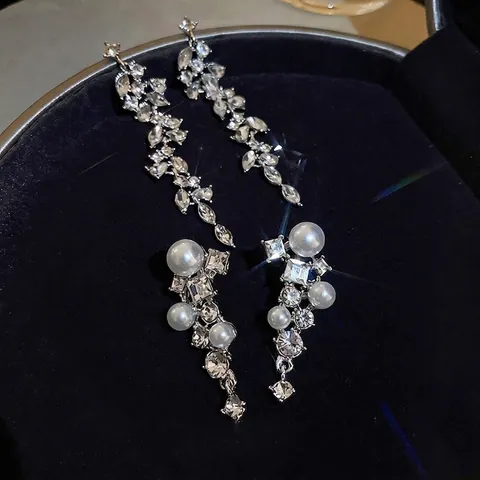 Orecchini Lunghi A Pendente In Lega Strass Perla Artificial Con Perno In Argento Sterling 925 Per Donna Festa Gioielli Eleganti