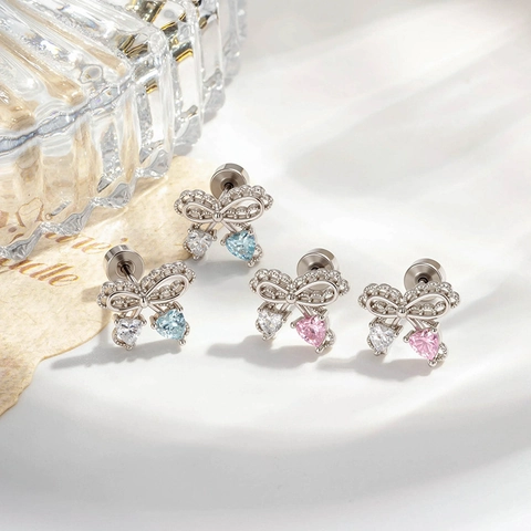 Bowknot Heart Zircon Ear Bone Stud Copper Titanium Steel Piercing Jewelry Screw Back Fashion Elegant Sweet Style