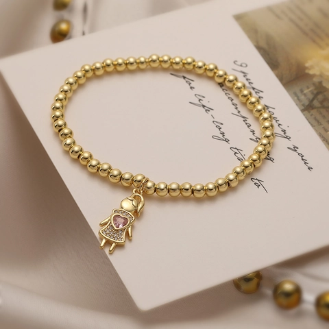 Beaded Armband Kupfer Vergoldet Mit Herz Zirkonia Junge Mädchen Anhänger Elastischer Modeschmuck Für Damen