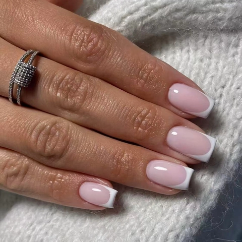 Unghie Finte Press On French Tip Rosa Nude Bianco Quadrato Ovale Plastica ABS Lucide Eleganti Per Donne