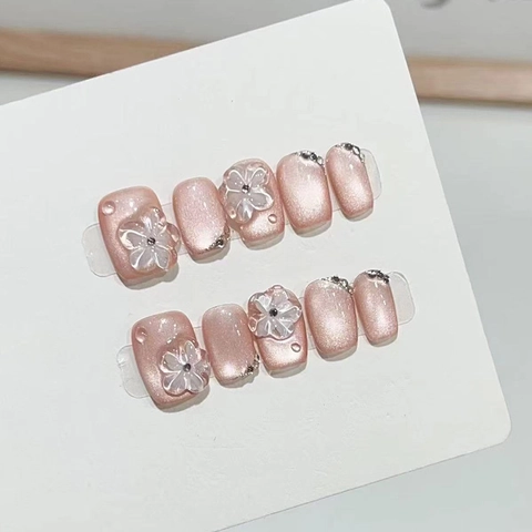 Unghie Finte Rosa ABS 3D Fiore Strass Effetto Occhio Di Gatto Fatto A Mano Dolce Elegante Corto Tondo Per Donne
