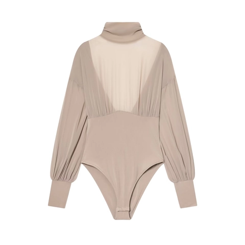 Body Da Donna A Maniche Lunghe In Mesh Patchwork Collo Alto Arricciato Sexy Trasparente Elegante Top Intero Cachi