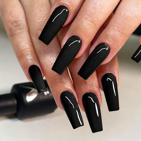 Glänzende Schwarze Künstliche Nägel Lange Sargform Ballerina Aufpressnägel ABS Maniküre Für Damen Modische DIY Fingernägel