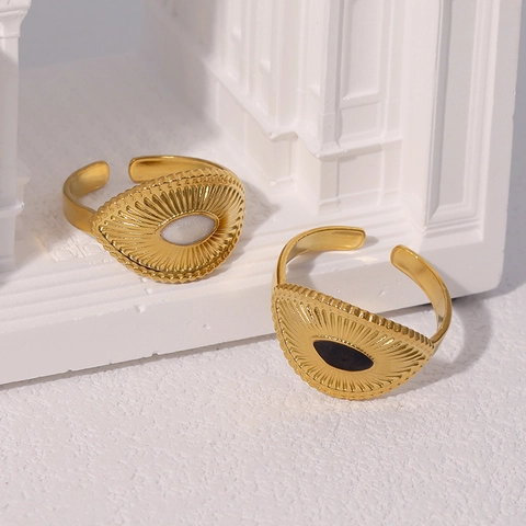 Retro Zonnestraal Open Ring Roestvrij Staal 18K Verguld Ovaal Geometrisch Inlegwerk Vintage Verstelbare Vinger Sieraden Dames