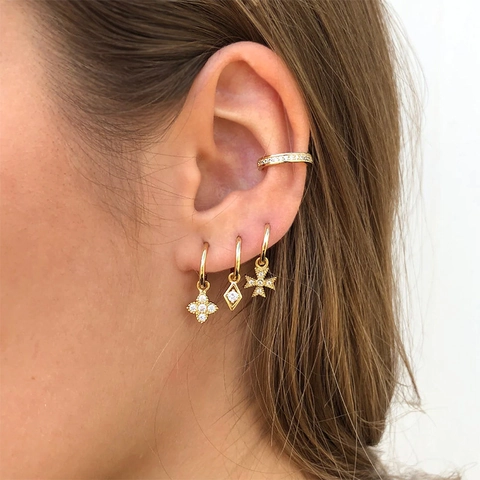 Pendientes De Aro Y Ear Cuffs Geométricos De Cobre Con Circones Micro Pavé Cruz Estrella Trébol Joyería Para Mujer
