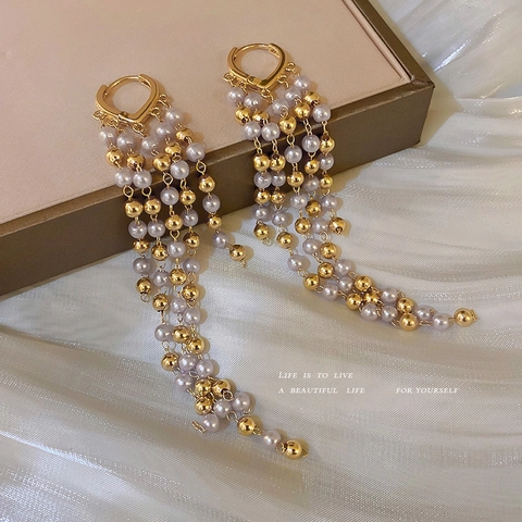 Elegant Long Tassel Earrings Alloy Gold Metal Beads White Imitation Artificial Pearl Dangle Jewelry For Women Korean Style Vintage