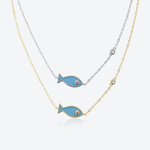 Collana con Ciondolo a Pesce Blu in Argento Sterling S925 per Donna Girocollo Animale con Accento di Strass Gioielli alla Moda