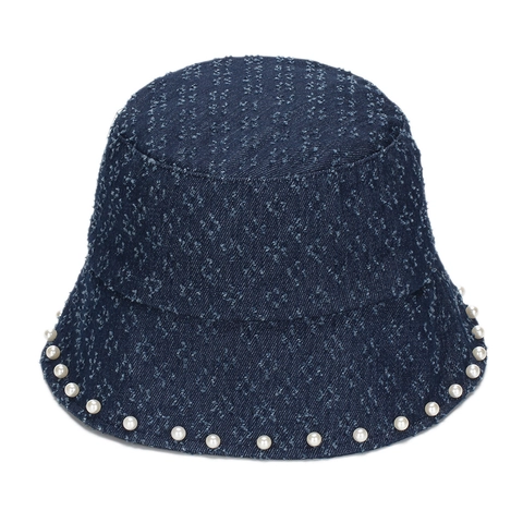 Cappello Alla Pescatora In Denim Da Donna Decorazione Perla Artificiale Jacquard Diamante Protezione Solare