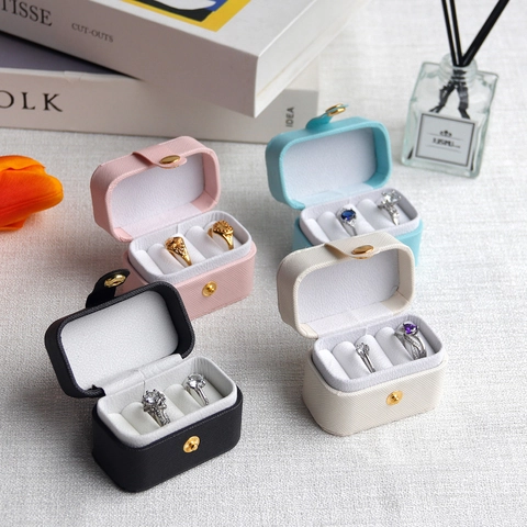 Mini Portable Jewelry Box PU Leather Ring Earring Organizer Travel Compact Small Case Velvet Lining Snap Button Closure