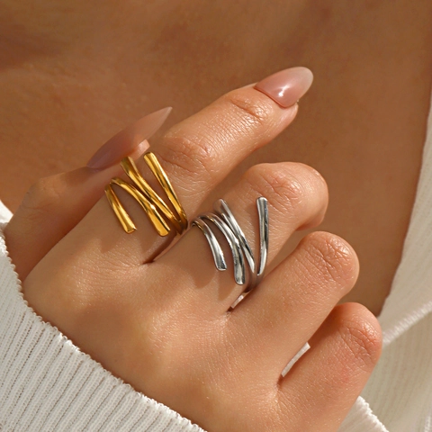 Roestvrijstalen Open Ring Voor Dames 18K Verguld Geometrisch Onregelmatig Meerlaags Spiraal Mode Sieraden
