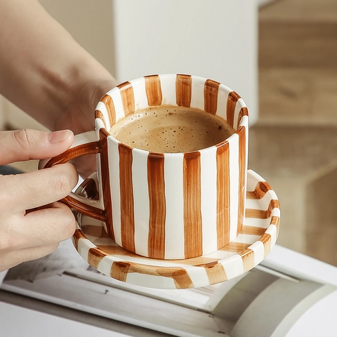 Hand Painted Striped Ceramic Coffee Mug Saucer Plate Japanese Vintage Style Home Office Afternoon Tea Drinkware High Temperature Fired