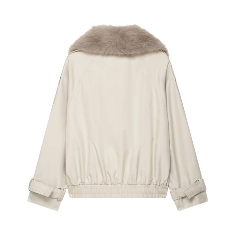 Giacca A Vento Corta Con Collo In Pelliccia Sintetica Impermeabile Doppio Petto Avorio Twill Capispalla Da Donna Chic