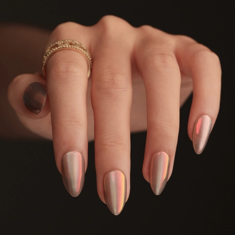 Aurora Cat Eye Metallic Chrome Press On Nagels Amandelvorm Glimmende Kunstparelmoer Kunstnagels DIY Manicure Kunst