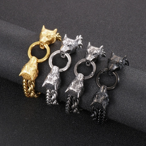 Men Stainless Steel Bracelet Double Wolf Head Viking Nordic Braided Chain Jewelry Gothic Punk Vintage Style Biker
