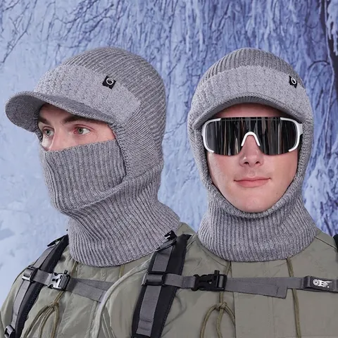 Men Winter Balaclava Hat Knitted Acrylic Fleece Lined Integrated Neck Warmer Face Mask With Brim Windproof Warm Outdoor