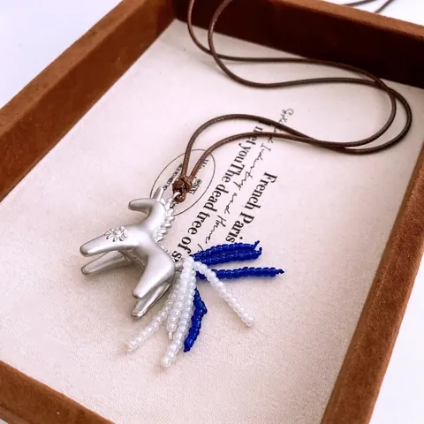 Horse Pendant Necklace With Alloy Glass Beaded Tail Long Rope Chain Creative Fashion Jewelry For Women
