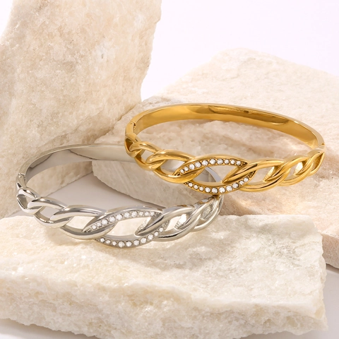 Twisted Hollow Bangle Women 18K Gold Plated Stainless Steel With Cubic Zirconia Rhinestones Geometric Ins Style Jewelry