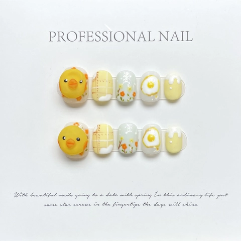 Uñas Postizas Hechas A Mano Press On Lindo Pollo De Resina 3D Patrón De Cuadros Floral Uñas Artificiales Brillantes