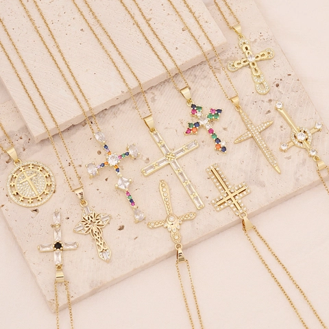 Collana Pendente Croce Rame Zirconia Placcato Oro 18K Hip Hop Gioielli Religiosi Per Donne Uomini Elegante