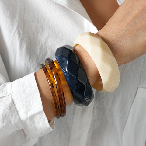 Bracciale Rigido In Acrilico Geometrico Sfaccettato Trama Marmo Tartarugato Gioielli Vintage Minimalisti Per Donne