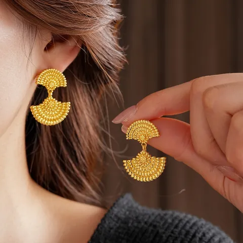 Orecchini Vintage A Forma Di Ventaglio Con Perno In Argento Rame Placcato Oro Testurizzato Gioielli Per Donne