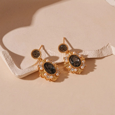 Orecchini Pendenti Ovali Vintage Zircone Perla Artificial Imitazione Rame Con 925 Sterling Silver Earring Post Placcato Oro Barocco