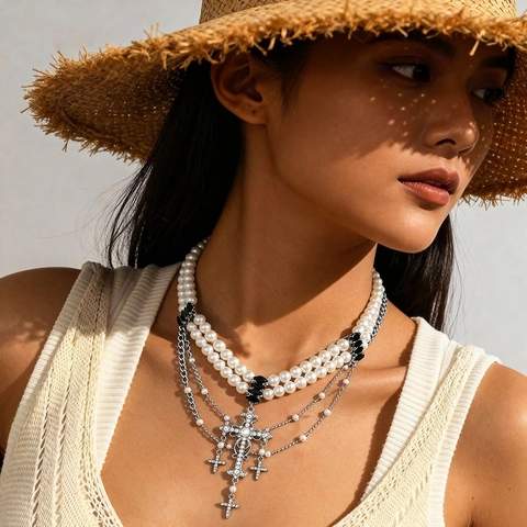Collar Multicapa Gótico Con Perla Artificial De Vidrio Aleación Rhinestone Colgantes De Cruz Joyería Estilo Vintage Para Mujer