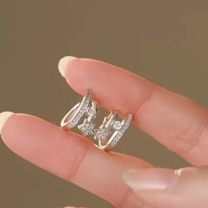 Orecchini A Cerchio Con Stella A Doppia Fila Per Donna Rame Placcato Oro 18K Zirconia Cubica Gioielli