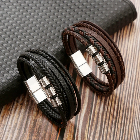 Multi-Layer Braided Leather Bracelet With Stainless Steel Magnetic Clasp Handmade Retro Casual Jewelry For Men