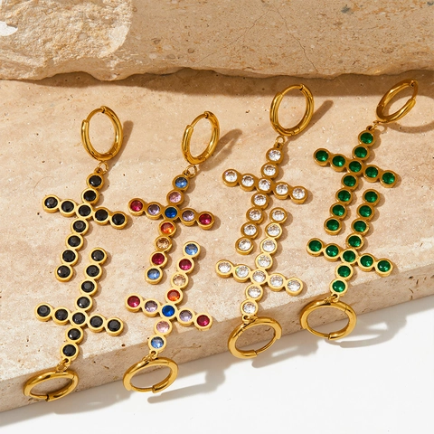 Edelstahl Kreuz Creolen Vergoldet Bunte Zirkon Eingelegt Geometrische Hängeohrringe Für Frauen Trendy Schmuck