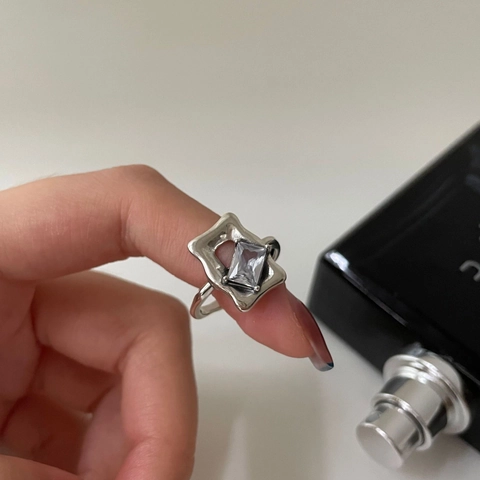 925 Sterling Silver Open Ring For Women Minimalist Geometric Square Cubic Zirconia Adjustable Vintage Jewelry