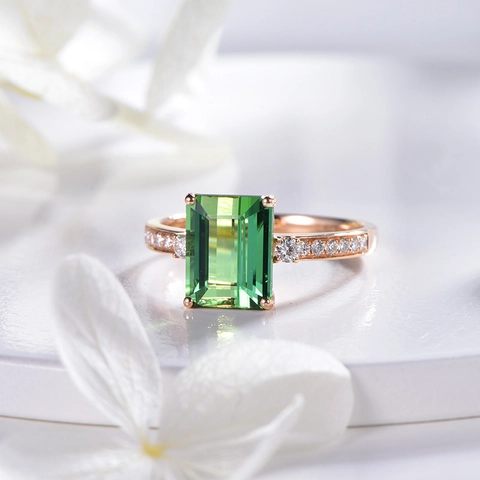 Anillo De Piedra Verde Talla Esmeralda Color Oro Rosa Cobre Ajustable Abierto Circón Joyería Elegante Mujeres