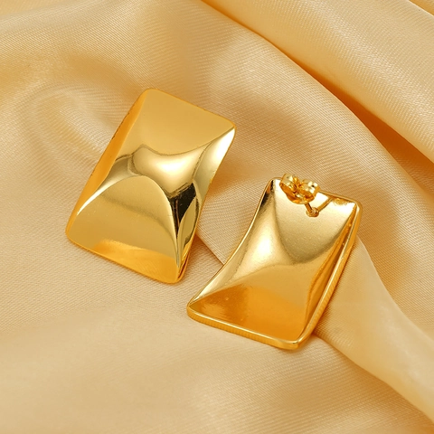 Geometric Rectangle Stud Earrings 18K Gold Plated Stainless Steel Minimalist Concave Convex Mirror Polished Jewelry For Women