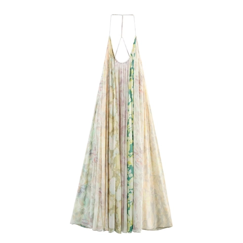 Blumenmuster Neckholder Maxikleid Polyester Plissiert Rückenfrei V-Ausschnitt Elegant Sommer Urlaub Ärmellos Langes Kleid