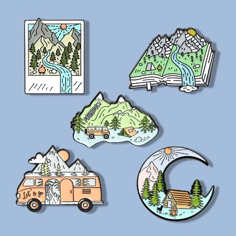 Enamel Brooch Pins Alloy Creative Outdoor Camping Mountain Landscape Freedom Van Lapel Pins For Backpacks Clothing
