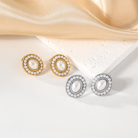 Orecchini a Bottone con Perle Artificiali in Acciaio Inossidabile Vintage Orecchini Geometrici Ovali Intarsiati per Donna